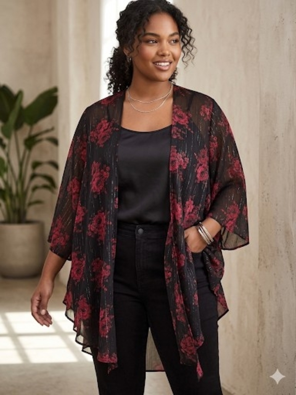 Torrid Black Red Rose Floral Sheer Chiffon Kimono Lurex Silver Pinstripe Plus